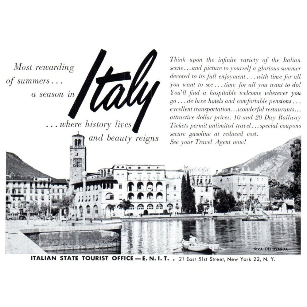 1953 Italy Vacation Travel Vintage Print Ad Riva Del Garda Lake Wood Boat Art
